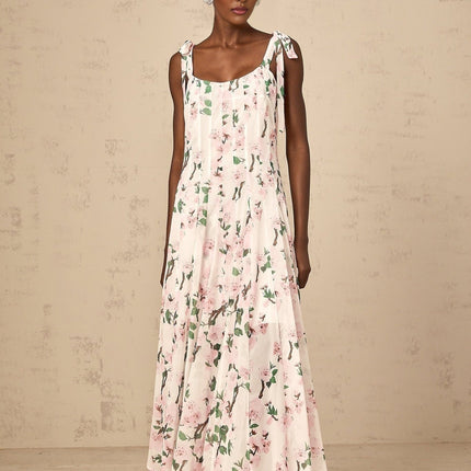 Catherine Floral Maxi Dress Pink White Tie Straps Sleeveless Square Neck Rear Zip Fastening