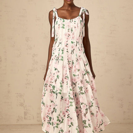 Catherine Pink Floral Maxi Dress with Pleats and Tie Straps