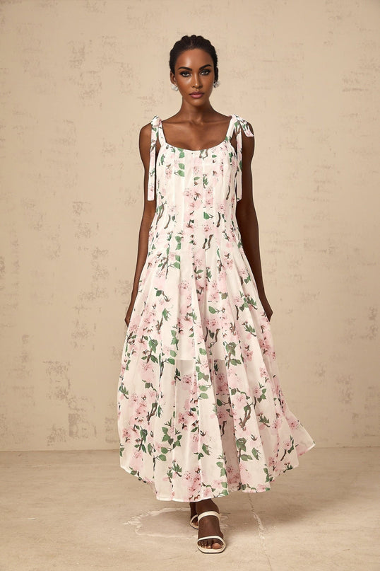 Catherine Pink Floral Maxi Dress with Pleats and Tie Straps