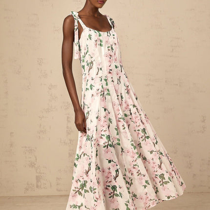 Catherine Floral Maxi Dress Pink White Tie Straps Square Neck Sleeveless Pleats Cinched Waist Sakura Print Rear Zip Fastening
