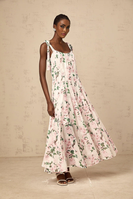 Catherine Floral Maxi Dress Pink White Tie Straps Square Neck Sleeveless Pleats Cinched Waist Sakura Print Rear Zip Fastening