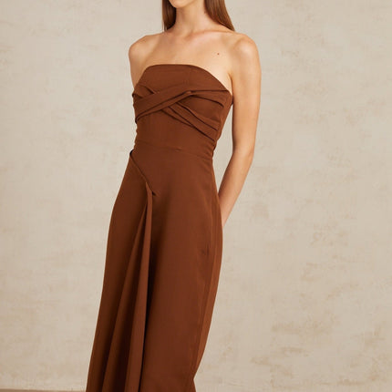 Catherine Midi Dress Brown Asymmetrical Off-Shoulder Cinched Waist Front Slit Rear Zip Fastening