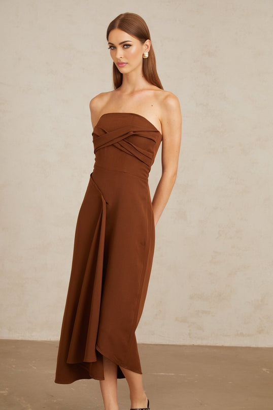 Catherine Midi Dress Brown Asymmetrical Off-Shoulder Cinched Waist Front Slit Rear Zip Fastening