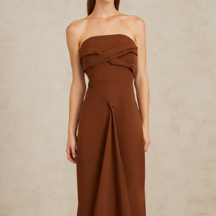 Catherine Midi Dress in Luxurious Brown with Asymmetrical Design and Front Slit