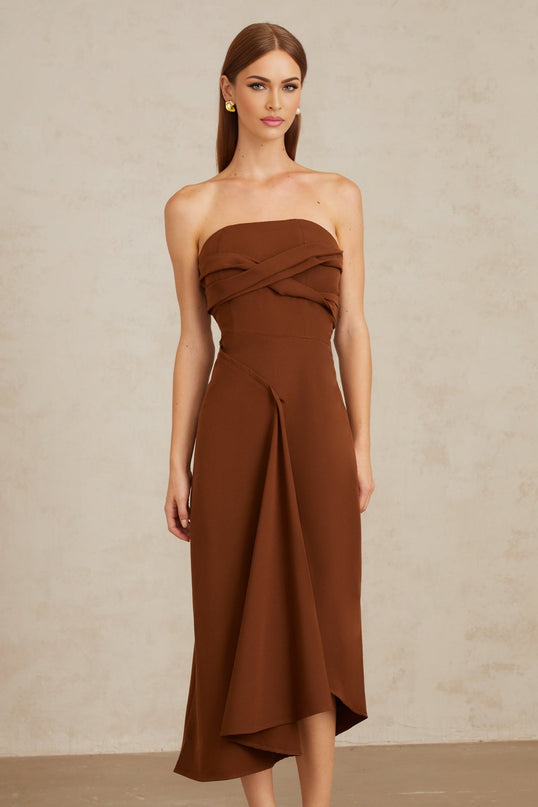 Catherine Midi Dress in Luxurious Brown with Asymmetrical Design and Front Slit