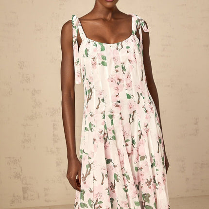 Catherine Pink Floral Maxi Dress with Tie Straps and Pleats