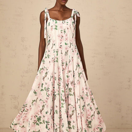 Catherine Pink Floral Maxi Dress with Tie Straps Square Neck Sleeveless Cinched Waist Sakura Print Pleats Rear Zip Fastening