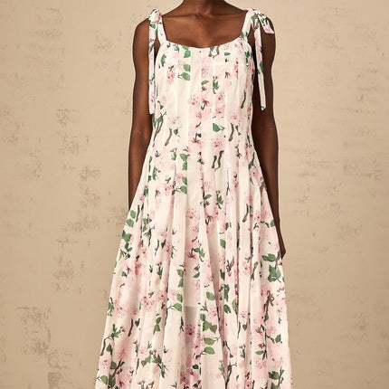 Catherine Pink Floral Maxi Dress with Pleats and Tie Straps