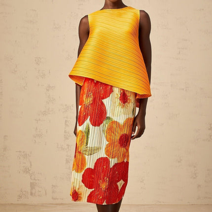 Catherine Top & Skirt Set in Amber Orange Floral Print Terylene Fiber
