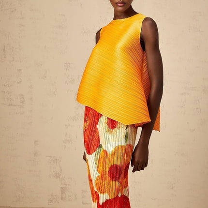 Catherine Top & Skirt Set in Amber Orange Floral Print Terylene Fiber