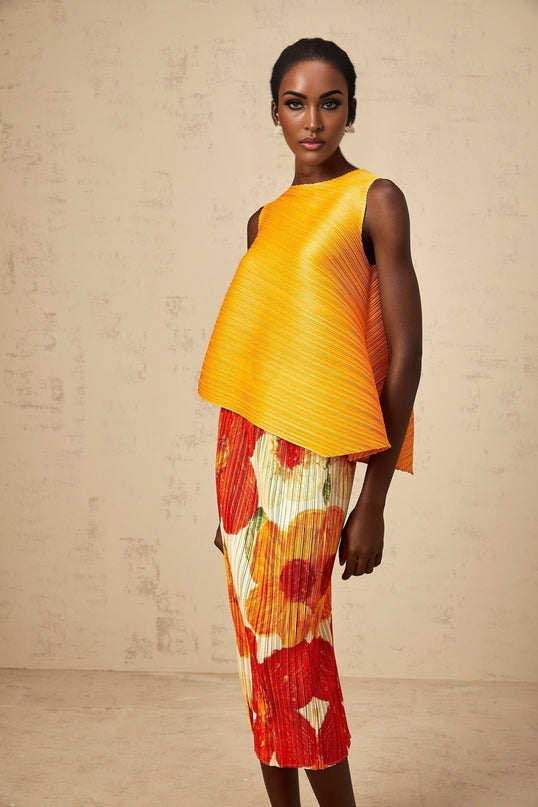 Catherine Top & Skirt Set in Amber Orange Floral Print Terylene Fiber