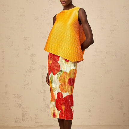 Catherine Top & Skirt Set - Floral Print in Amber Orange color