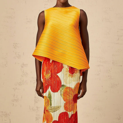 Catherine Top & Skirt Set in Amber Orange Floral Print 100% Terylene Fiber