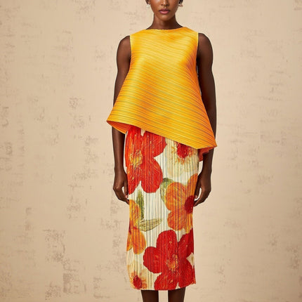 Catherine Top & Skirt Set in Amber Orange Floral Print Terylene Fiber