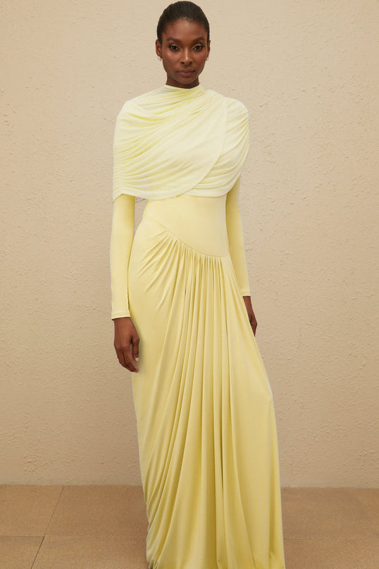 Catherine Yellow Asymmetrical Pleated LongSleeve Maxi Dress