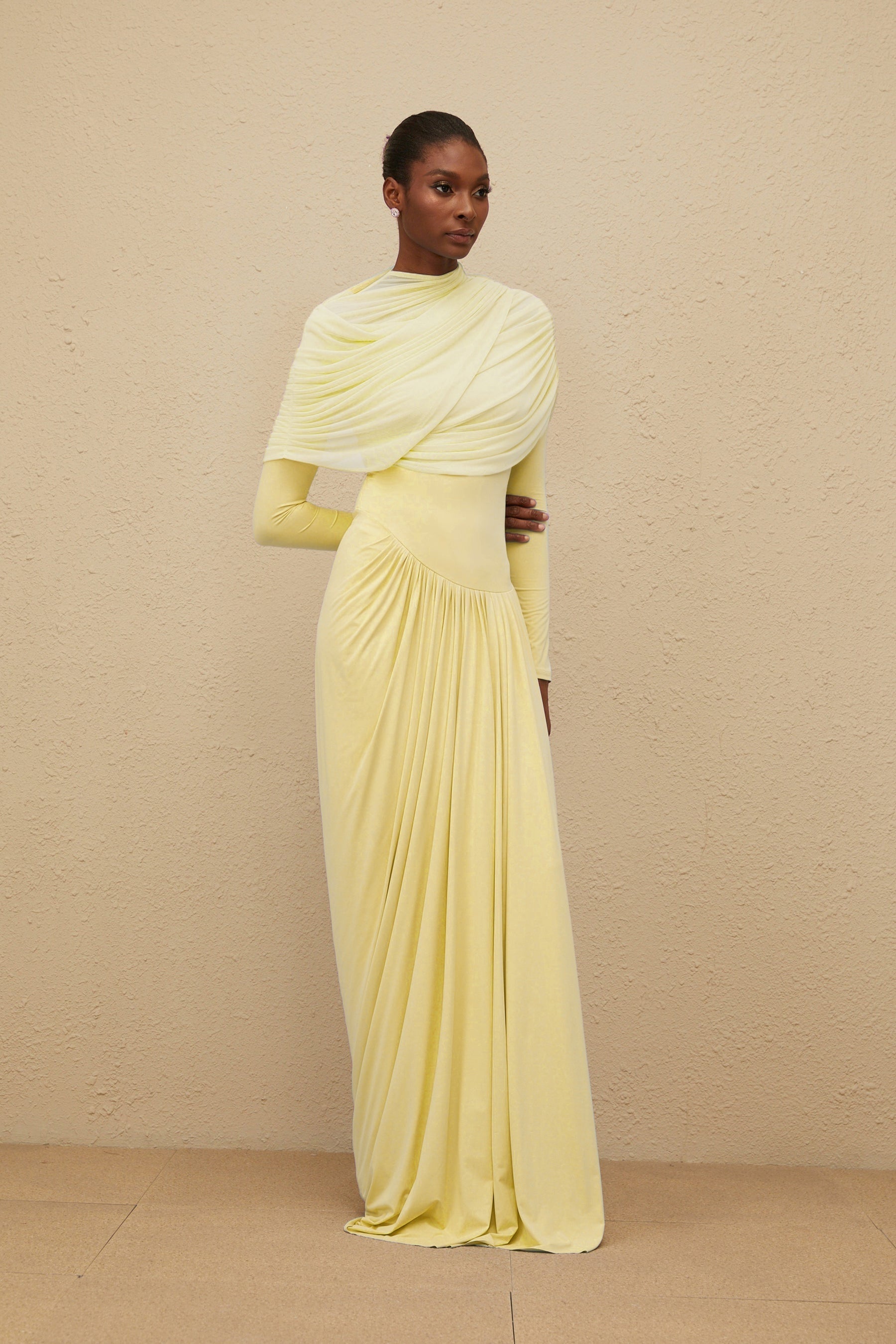 Catherine Yellow Asymmetrical Pleated LongSleeve Maxi Dress