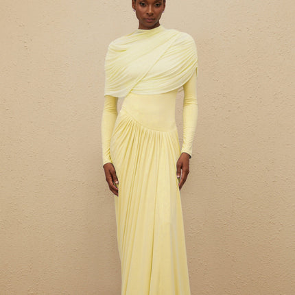 Catherine Yellow Asymmetrical Pleated LongSleeve Maxi Dress