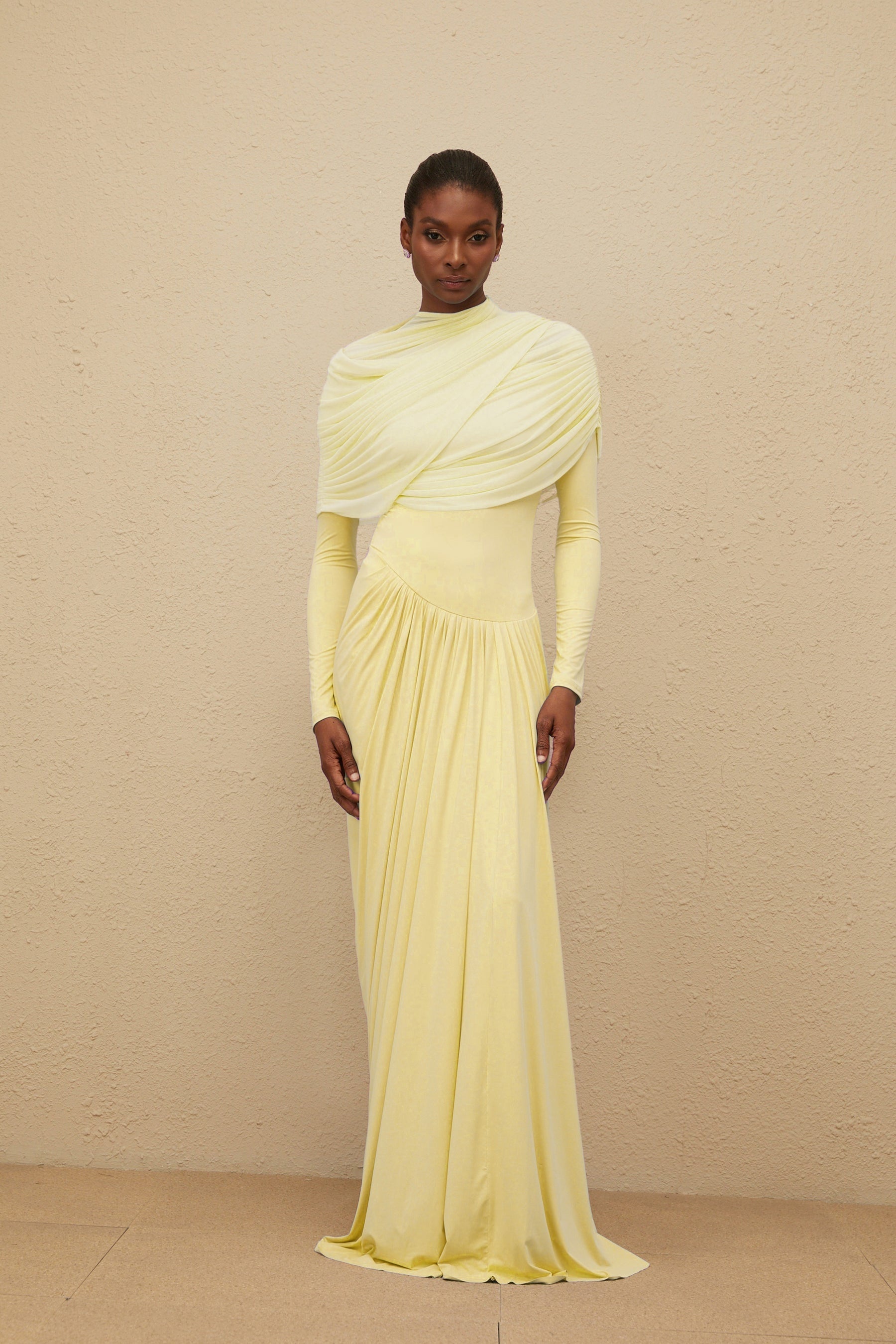 Catherine Yellow Asymmetrical Pleated LongSleeve Maxi Dress