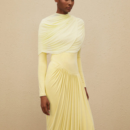 Catherine Yellow Asymmetrical Pleated LongSleeve Maxi Dress
