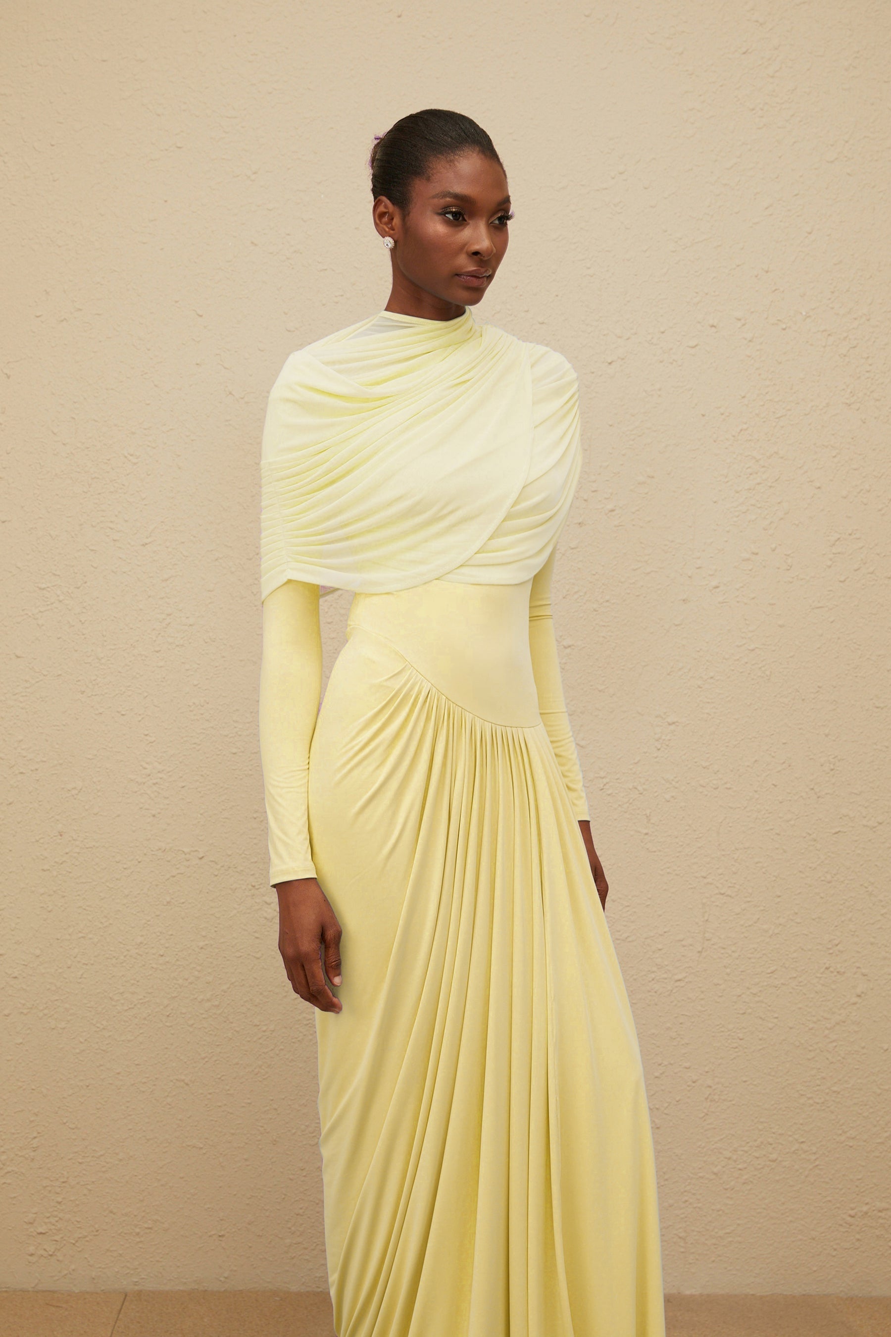 Catherine Yellow Asymmetrical Pleated LongSleeve Maxi Dress