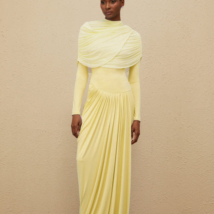 Catherine Yellow Asymmetrical Pleated LongSleeve Maxi Dress