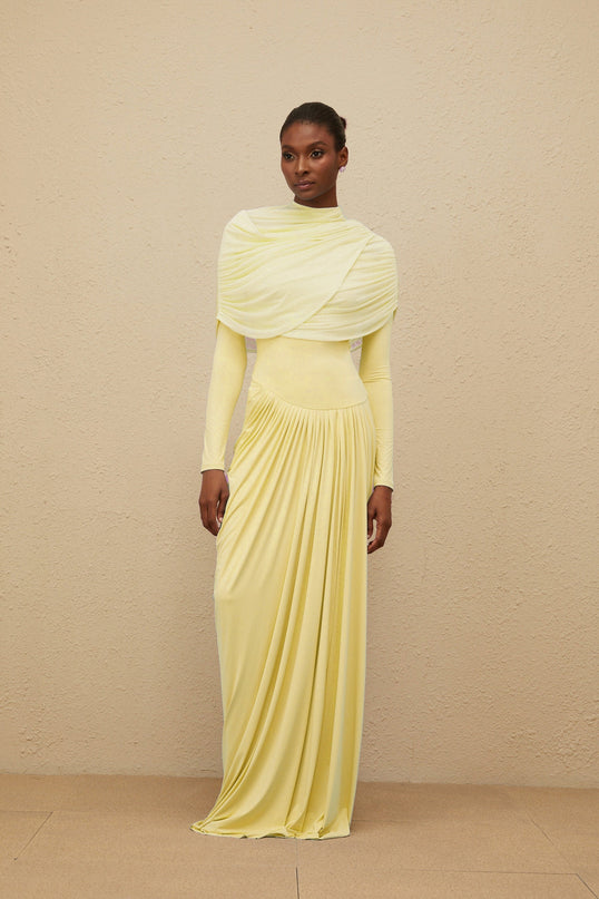 Catherine Yellow Asymmetrical Pleated LongSleeve Maxi Dress