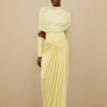 Catherine Yellow Asymmetrical Pleated LongSleeve Maxi Dress