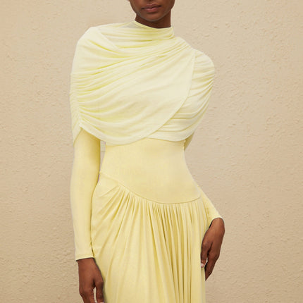 Catherine Yellow Asymmetrical Pleated LongSleeve Maxi Dress