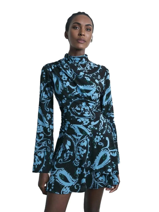 Womens Elegant Paisley Print Mini Dress, Versatile For Spring/Summer, Flowing Comfortable Urban Beach Wear - modified image