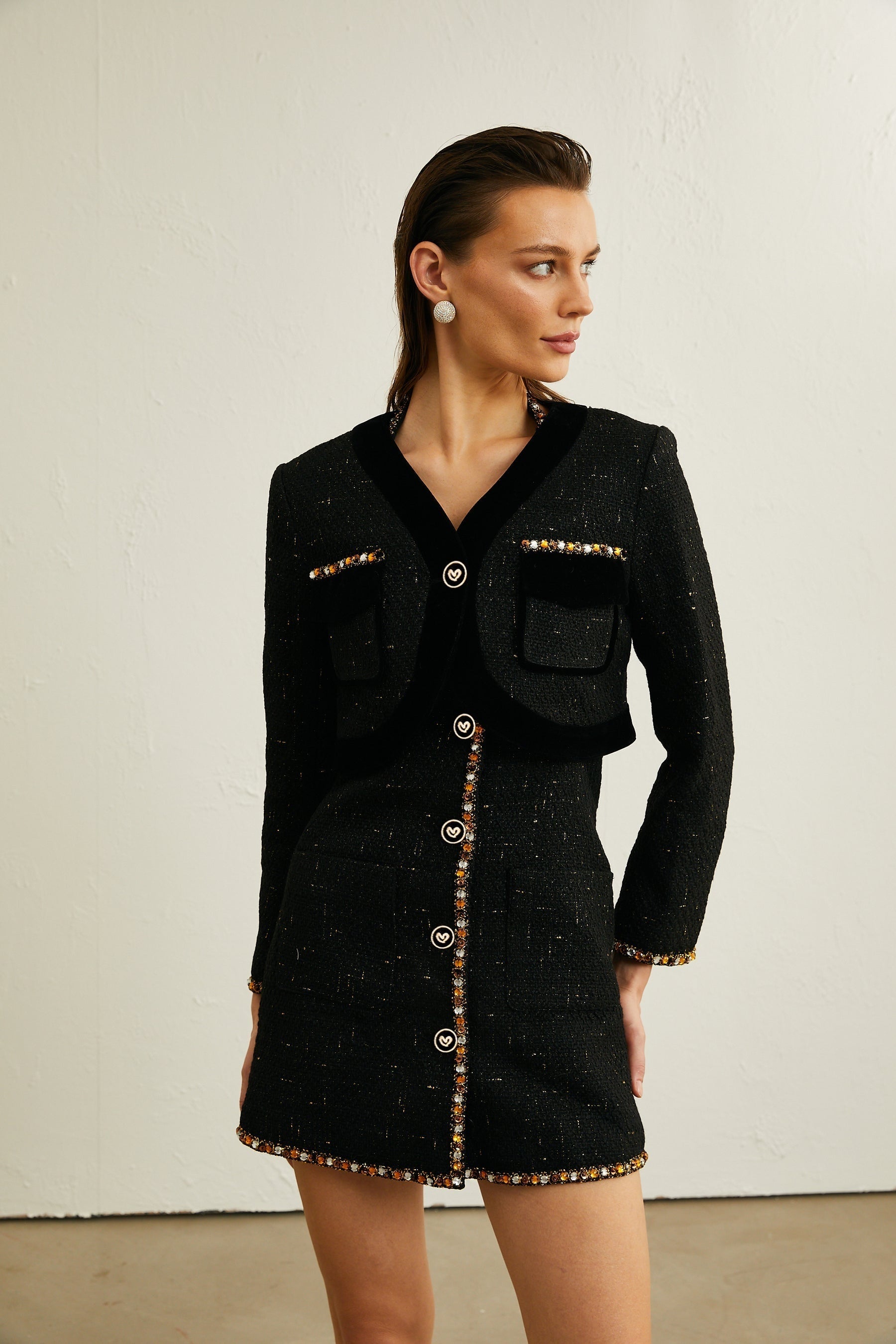 Cécile black tweed cardigan  dress matching set