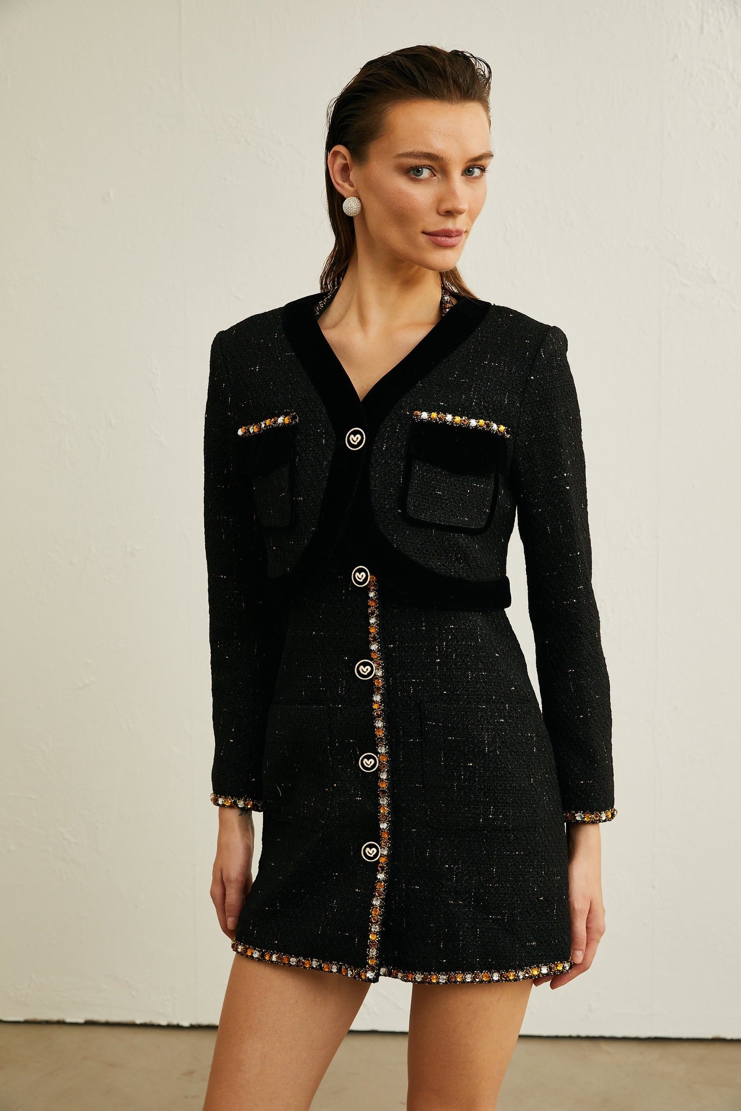Cécile black tweed cardigan  dress matching set
