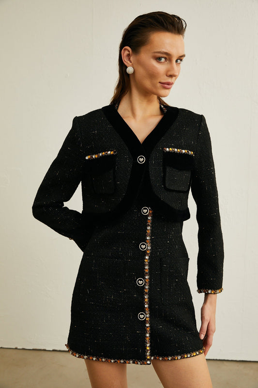 Cécile black tweed cardigan  dress matching set