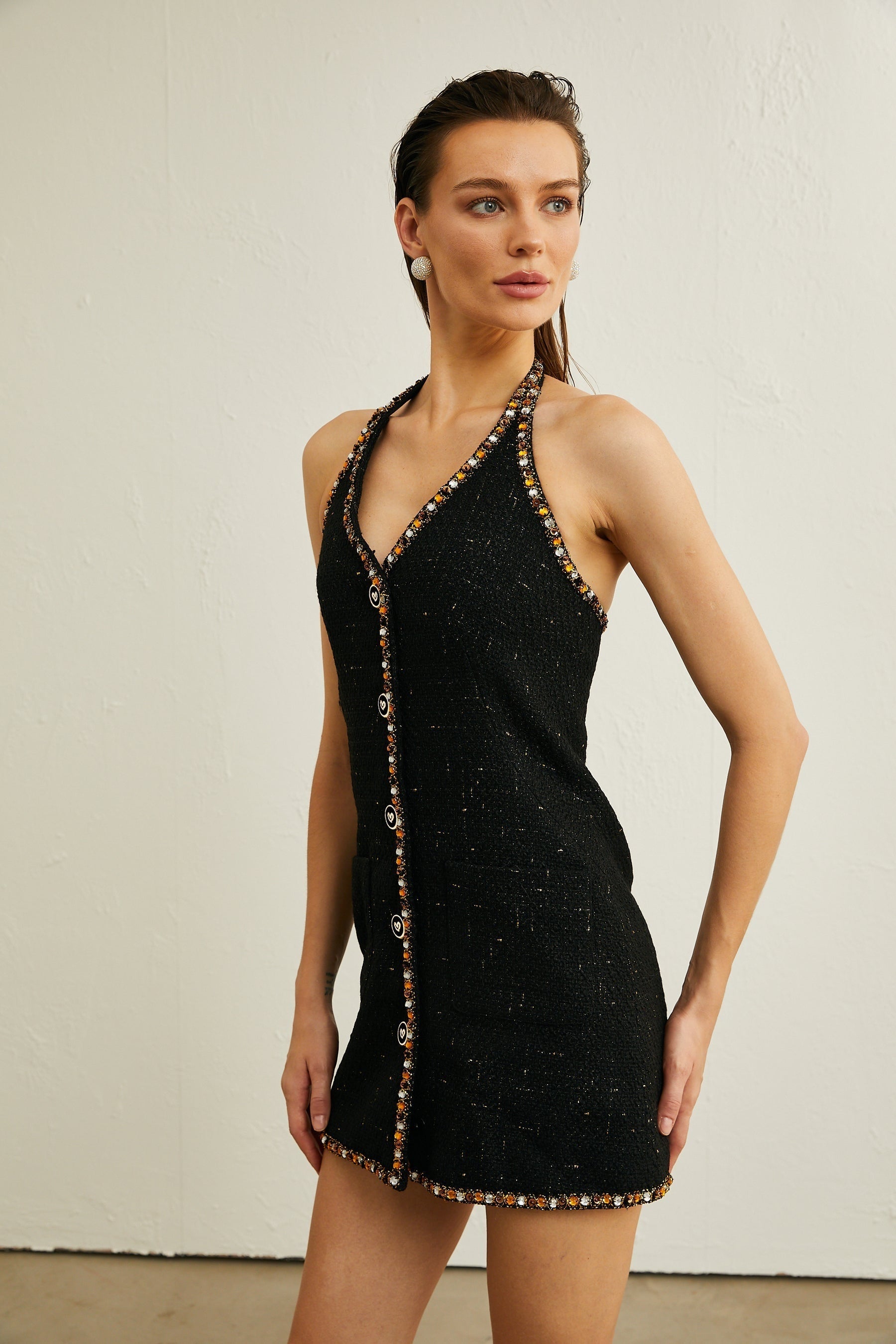 Cécile black tweed cardigan  dress matching set