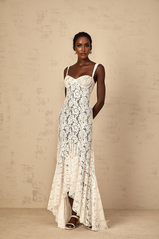 Cecilia Maxi Dress in White Lace Ruffle Sheer Bustier Style Push-Up Bra Floor-Length Elegant Sleeveless