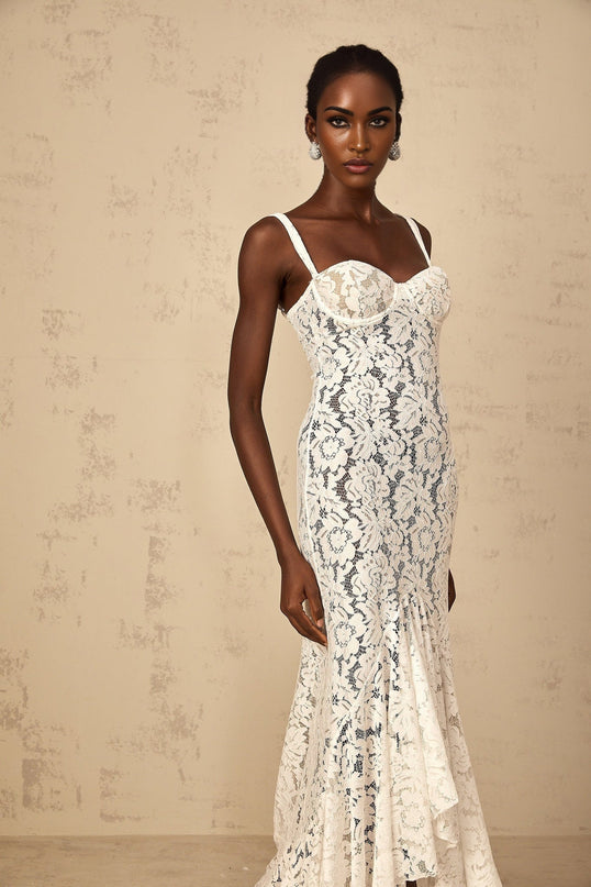Cecilia White Lace Maxi Dress with Ruffled Detailing and Push-Up Bra
