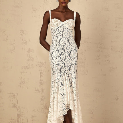 Cecilia White Lace Maxi Dress with Ruffled Detailing and Sheer Construction