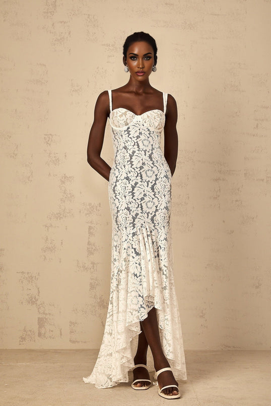 Cecilia White Lace Maxi Dress with Ruffled Detailing and Sheer Construction