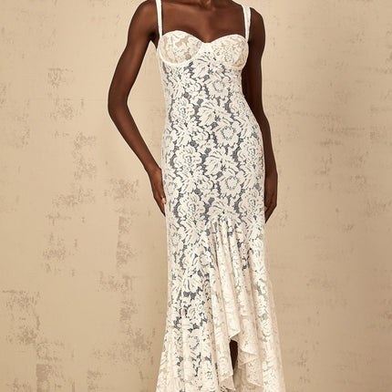 Cecilia White Lace Ruffle Maxi Dress