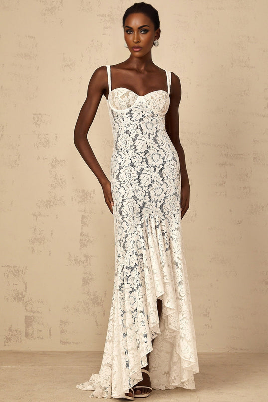 Cecilia White Lace Ruffle Maxi Dress