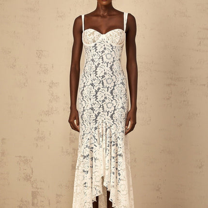 Cecilia White Lace Ruffle Maxi Dress