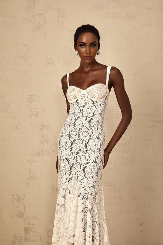 Cecilia White Lace Ruffled Maxi Dress