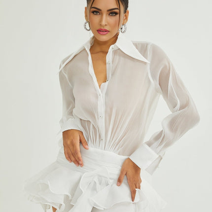 Cecilia White Mini Dress with Embellished Button Detailing and Ruffled Hem