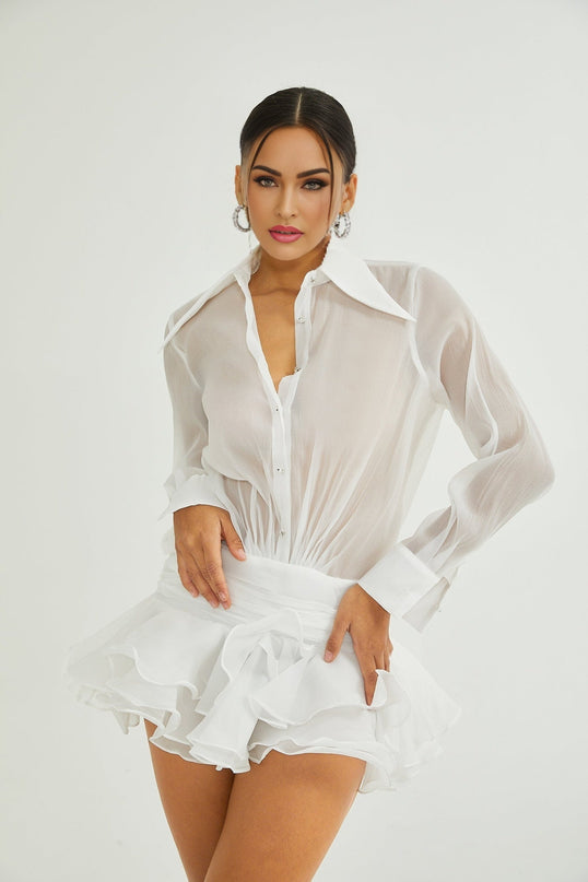 Cecilia White Mini Dress with Embellished Button Detailing and Ruffled Hem