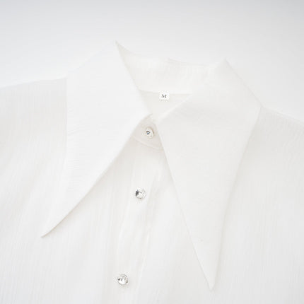 Cecilia White Mini Dress Point Collar Long Sleeves Ruffled Hem Button Detailing