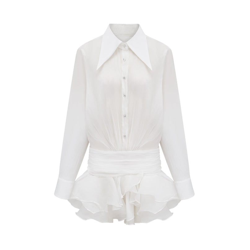 Cecilia White Mini Dress with Point Collar and Button Detailing