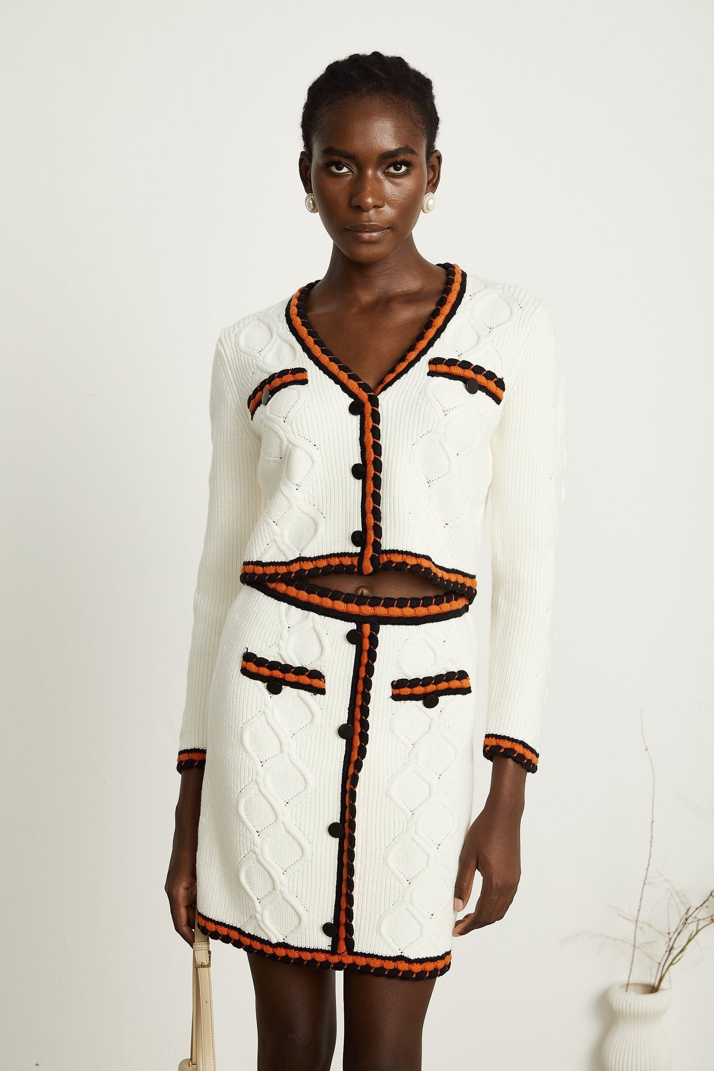 Cécilie contrasttrim knitted cardigan  skirt matching set