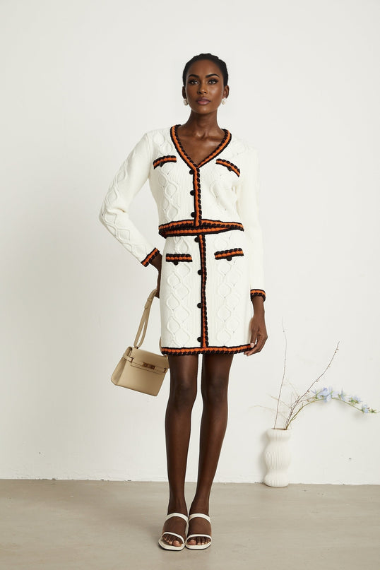 Cécilie contrasttrim knitted cardigan  skirt matching set