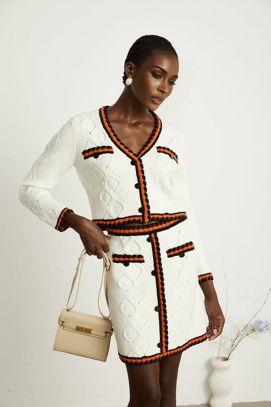 Cécilie contrasttrim knitted cardigan  skirt matching set