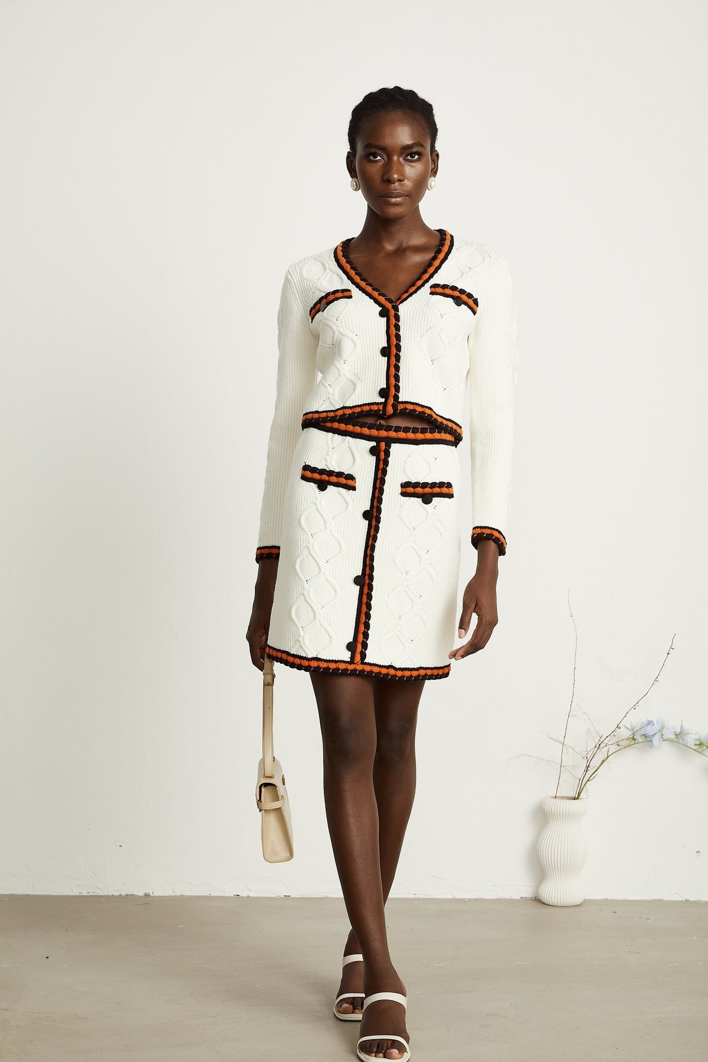 Cécilie contrasttrim knitted cardigan  skirt matching set