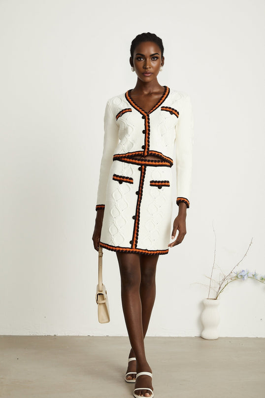 Cécilie contrasttrim knitted cardigan  skirt matching set